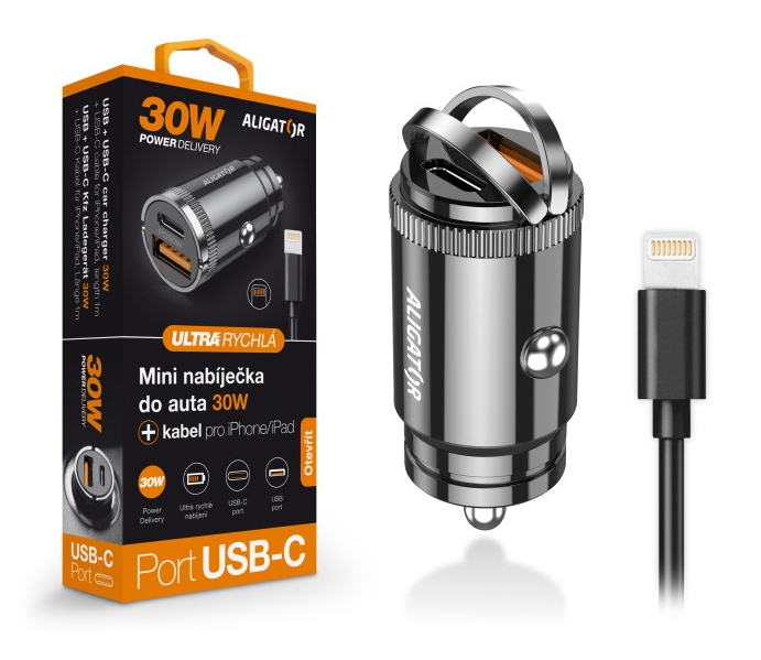 Nabíječka do auta ALIGATOR Power Delivery 30W, USB-C a USB-A + USB-C kabel pro iPhone