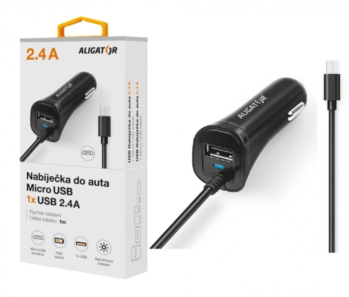 Nabíječka do auta ALIGATOR MicroUSB s USB výstupem, 2.4A, Turbo charge, černá