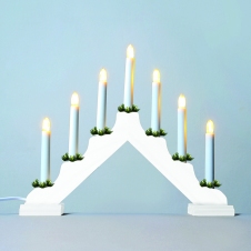 Vánoční bílý svícen LED 7x34V Filament čiré žárovky, dřevěný