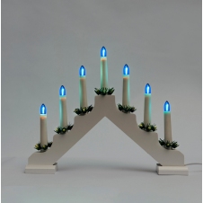 Adventní bílý svícen LED 7x34V Filament modré žárovky, dřevěný