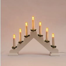 Adventní bílý svícen LED 7x34V Filament žluté žárovky, dřevěný