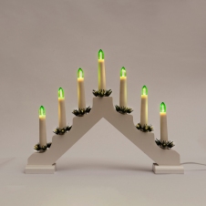 Adventní bílý svícen LED 7x34V Filament zelené žárovky, dřevěný